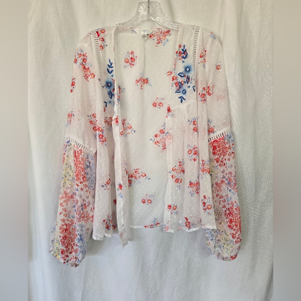 Time & Tru Kimono/Cover Up Floral Sheer Open Front White & Colorful Print Size M - Picture 1 of 8